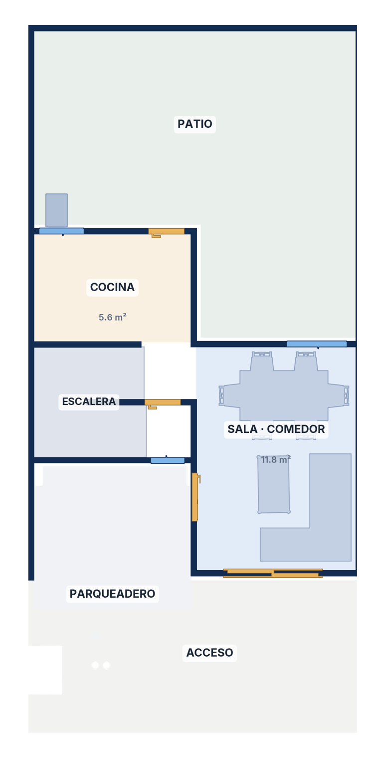 Plano primer piso: sala comedor, cocina, escalera, patio y parqueadero