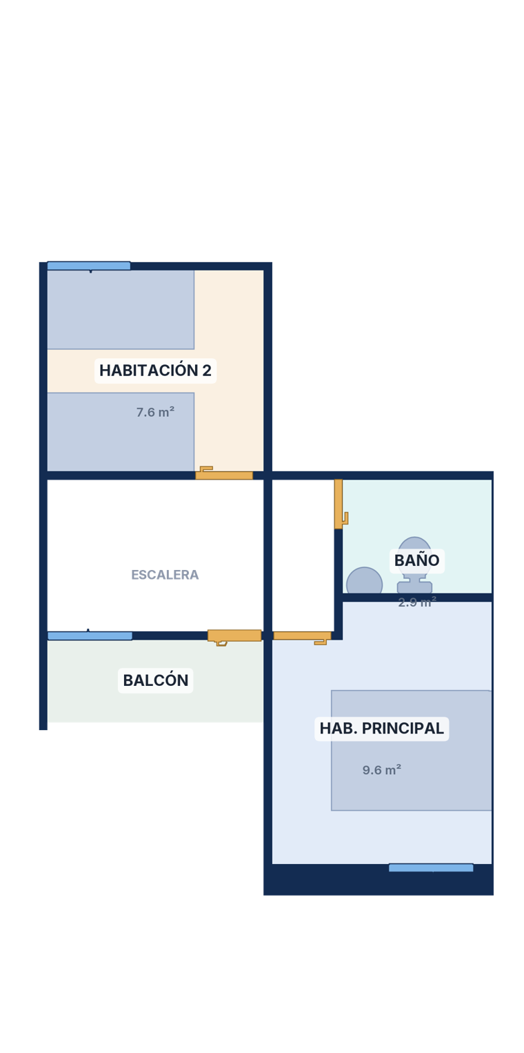Plano segundo piso: habitación principal, habitación 2, baño y balcón